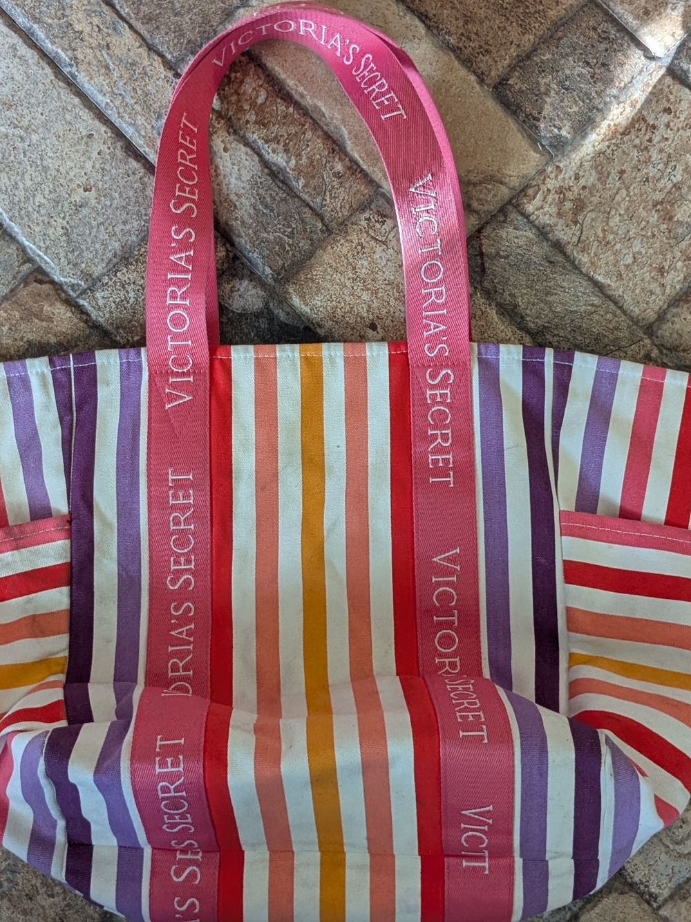 Victoria’s Secret Oversized Rainbow Stripe Canvas Beach Tote XL 24” Weekender